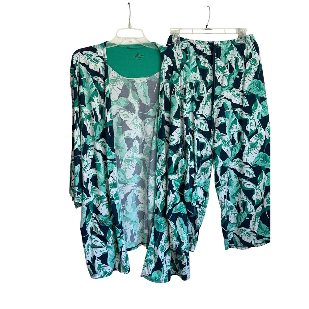 Cuddl Duds 2pc Pajama Set Womens 3X Tropical Palm Leaf Cardigan Tank Crop Pants